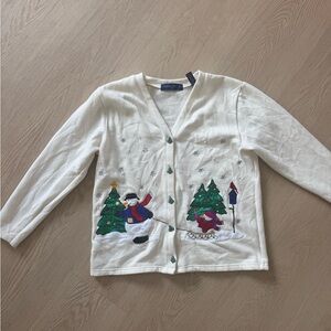 White Cardigan with Snowman and Tree Design